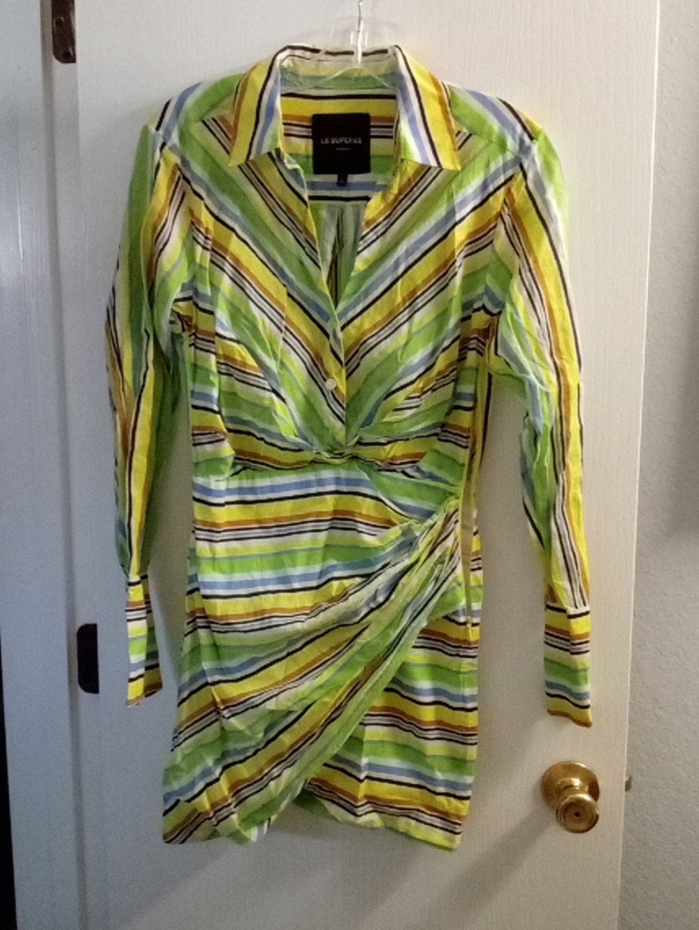 LaROUPEE Striped Long-Sleeve Wrap Dress in Lime & Yellow